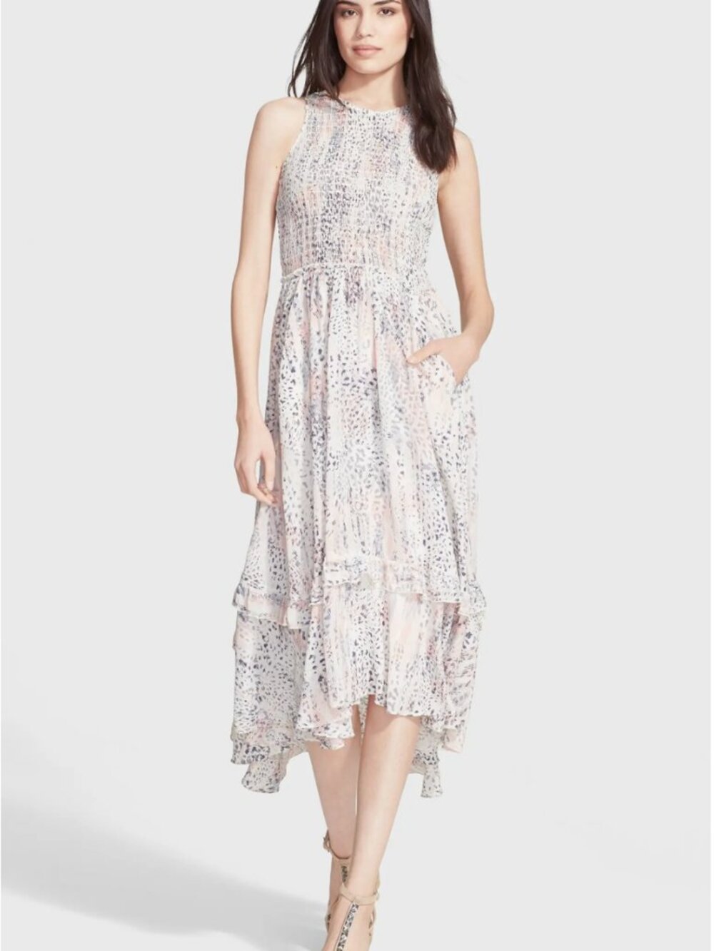 Rebecca Taylor Women's Silk Print Fit & Flare Dress Smocking Sleeveless Size 2